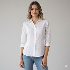 Escada White Eyelet Cotton Button Down Shirt